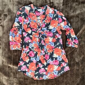 Magazine Floral Pintuck Tunic  Boho Sheer 3/4 Sleeve Henley  Vibrant Artisan Top